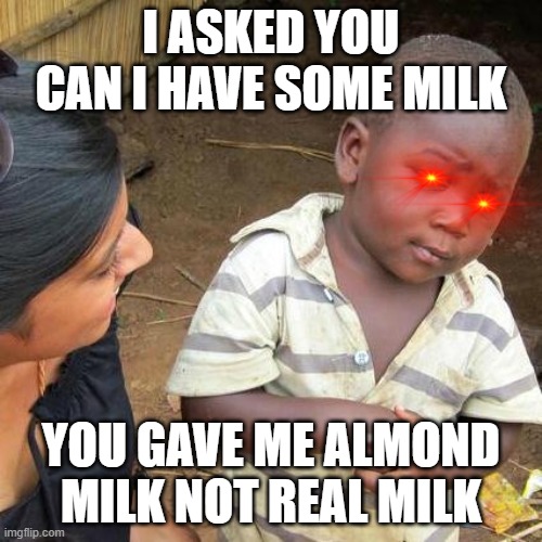 GIVE ME MY MILK | I ASKED YOU CAN I HAVE SOME MILK; YOU GAVE ME ALMOND MILK NOT REAL MILK | image tagged in memes,third world skeptical kid | made w/ Imgflip meme maker