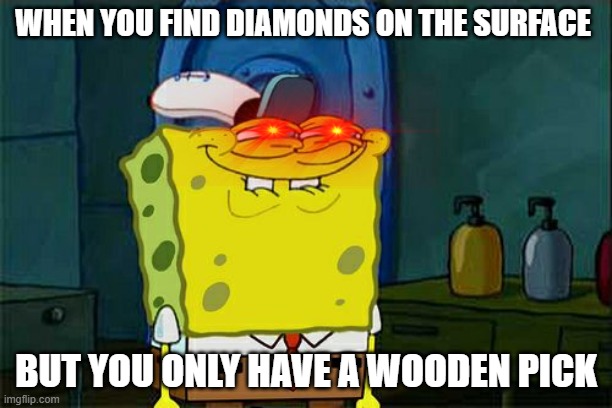 Don't You Squidward Meme | WHEN YOU FIND DIAMONDS ON THE SURFACE; BUT YOU ONLY HAVE A WOODEN PICK | image tagged in memes,don't you squidward | made w/ Imgflip meme maker