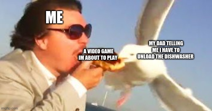 swiping seagull | ME; MY DAD TELLING ME I HAVE TO UNLOAD THE DISHWASHER; A VIDEO GAME IM ABOUT TO PLAY | image tagged in swiping seagull | made w/ Imgflip meme maker