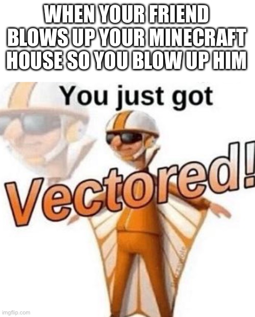 You just got vectored | WHEN YOUR FRIEND BLOWS UP YOUR MINECRAFT HOUSE SO YOU BLOW UP HIM | image tagged in you just got vectored | made w/ Imgflip meme maker