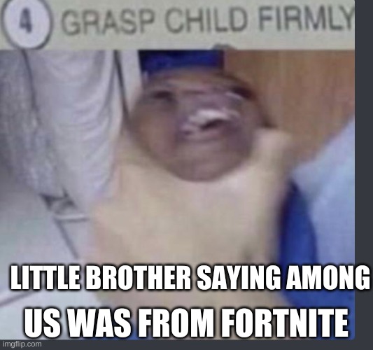 ow | US WAS FROM FORTNITE; LITTLE BROTHER SAYING AMONG | image tagged in grasp child firmly | made w/ Imgflip meme maker