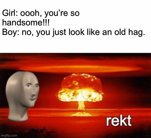 Rude boy | Girl: oooh, you’re so handsome!!!
Boy: no, you just look like an old hag. | image tagged in rekt w/text,funny,destruction 100,boy and girl texting,mean | made w/ Imgflip meme maker