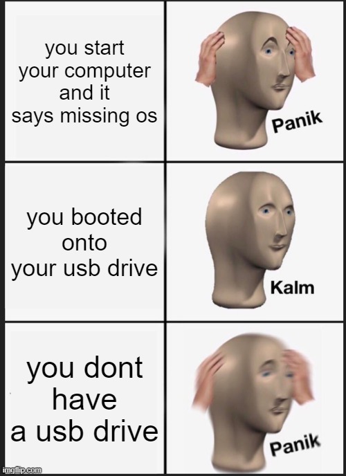 Panik Kalm Panik | you start your computer and it says missing os; you booted onto your usb drive; you dont have a usb drive | image tagged in memes,panik kalm panik,computers,broken computer,usb | made w/ Imgflip meme maker