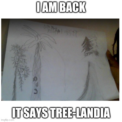 ; < ) | I AM BACK; IT SAYS TREE-LANDIA | image tagged in drawings,memes | made w/ Imgflip meme maker