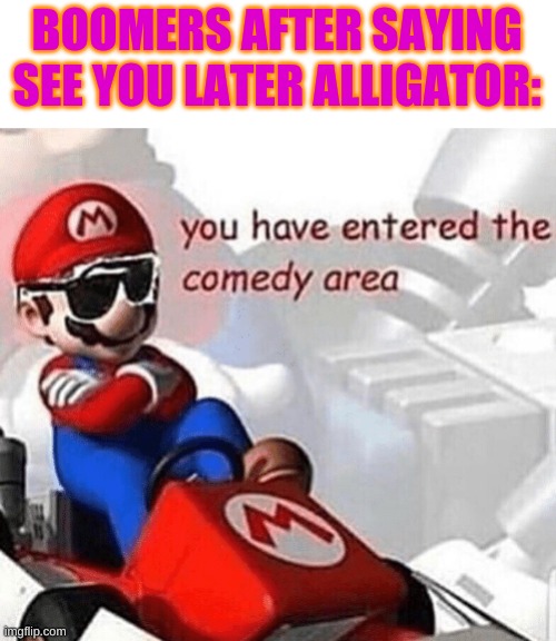 You have entered the comedy area | BOOMERS AFTER SAYING SEE YOU LATER ALLIGATOR: | image tagged in you have entered the comedy area,funny memes,ok boomer,memes,funny,fun | made w/ Imgflip meme maker