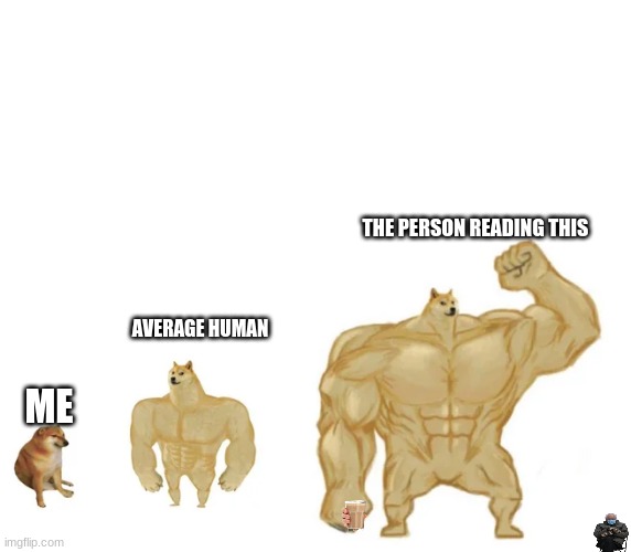 cheems, buff doge, ultra doge | THE PERSON READING THIS; ME; AVERAGE HUMAN | image tagged in cheems buff doge ultra doge | made w/ Imgflip meme maker