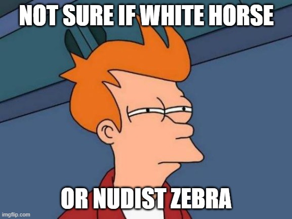 Futurama Fry | NOT SURE IF WHITE HORSE; OR NUDIST ZEBRA | image tagged in memes,futurama fry | made w/ Imgflip meme maker