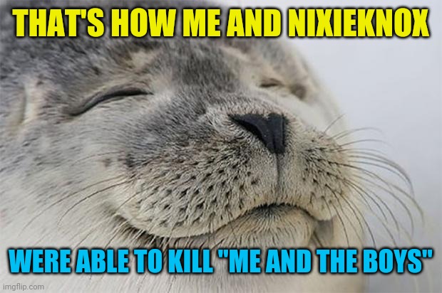 Satisfied Seal Meme | THAT'S HOW ME AND NIXIEKNOX WERE ABLE TO KILL "ME AND THE BOYS" | image tagged in memes,satisfied seal | made w/ Imgflip meme maker