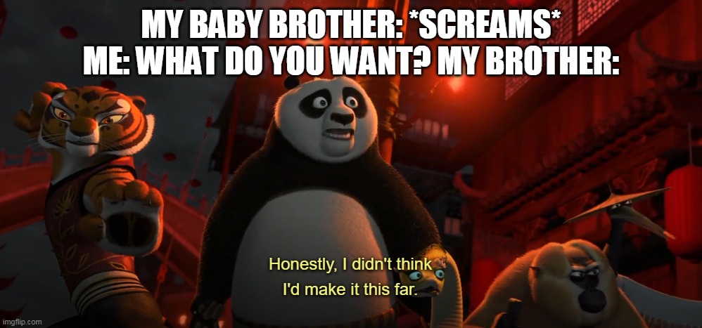 hello, internet | MY BABY BROTHER: *SCREAMS*
ME: WHAT DO YOU WANT? MY BROTHER: | image tagged in honestly i didn't think i'd get this far - kung fu panda | made w/ Imgflip meme maker