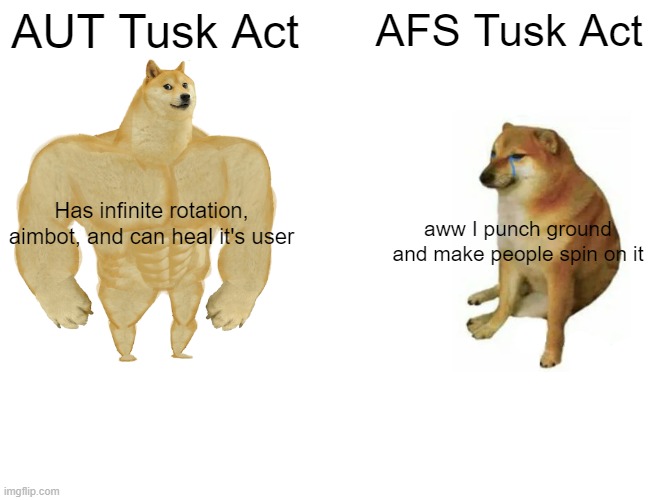 Buff Doge vs. Cheems Meme | AUT Tusk Act; AFS Tusk Act; Has infinite rotation, aimbot, and can heal it's user; aww I punch ground and make people spin on it | image tagged in memes,buff doge vs cheems | made w/ Imgflip meme maker