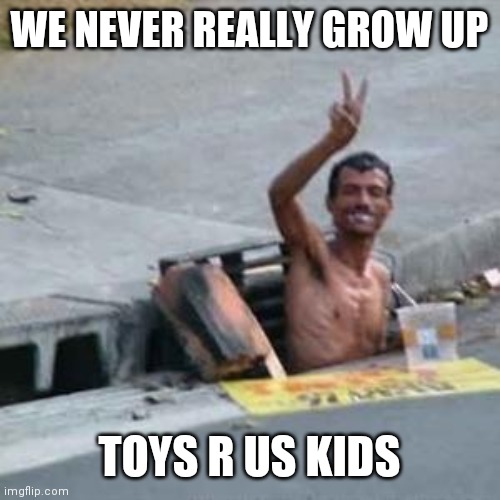 gutter1 | WE NEVER REALLY GROW UP; TOYS R US KIDS | image tagged in gutter1 | made w/ Imgflip meme maker