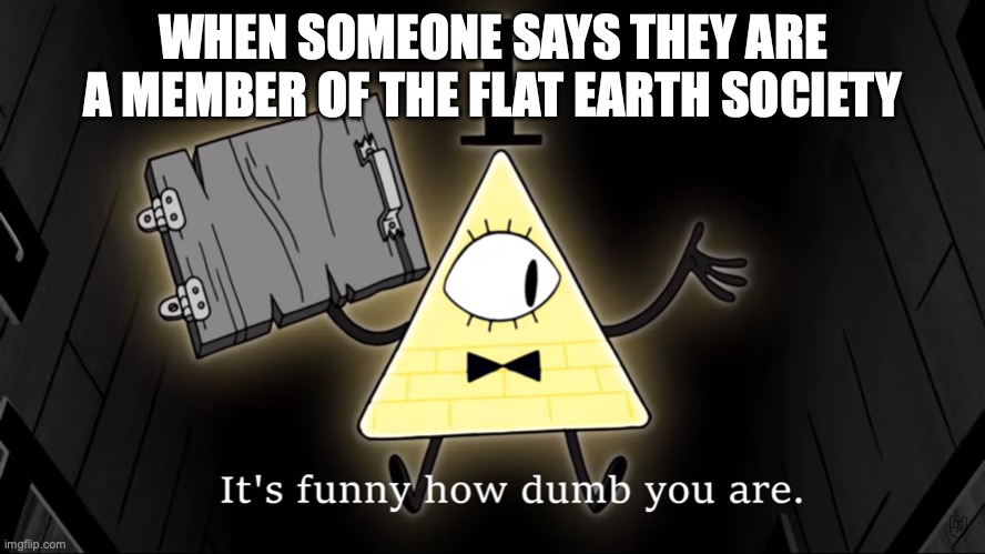It's Funny How Dumb You Are Bill Cipher | WHEN SOMEONE SAYS THEY ARE A MEMBER OF THE FLAT EARTH SOCIETY | image tagged in it's funny how dumb you are bill cipher | made w/ Imgflip meme maker