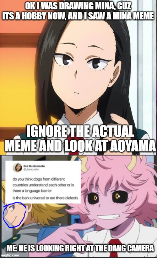 WHAT THE- | OK I WAS DRAWING MINA, CUZ ITS A HOBBY NOW, AND I SAW A MINA MEME; IGNORE THE ACTUAL MEME AND LOOK AT AOYAMA; ME: HE IS LOOKING RIGHT AT THE DANG CAMERA | image tagged in what in tarnation | made w/ Imgflip meme maker
