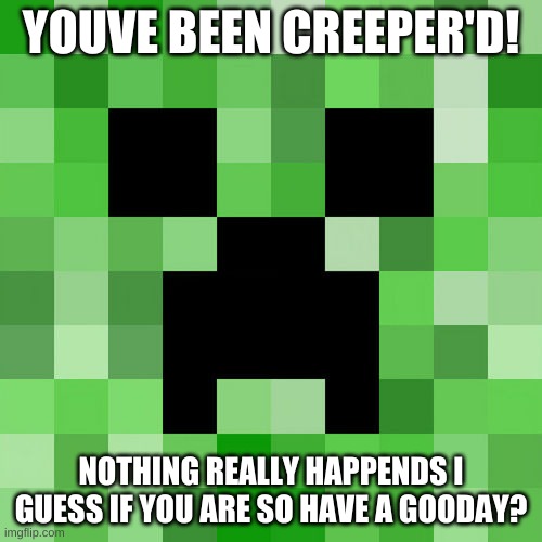 CREEPA AWW MAN | YOUVE BEEN CREEPER'D! NOTHING REALLY HAPPENDS I GUESS IF YOU ARE SO HAVE A GOODAY? | image tagged in memes,scumbag minecraft | made w/ Imgflip meme maker