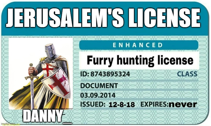 I have my license right here brother. | JERUSALEM'S LICENSE; DANNY_ | image tagged in furry hunting license,crusader,furry,owo | made w/ Imgflip meme maker