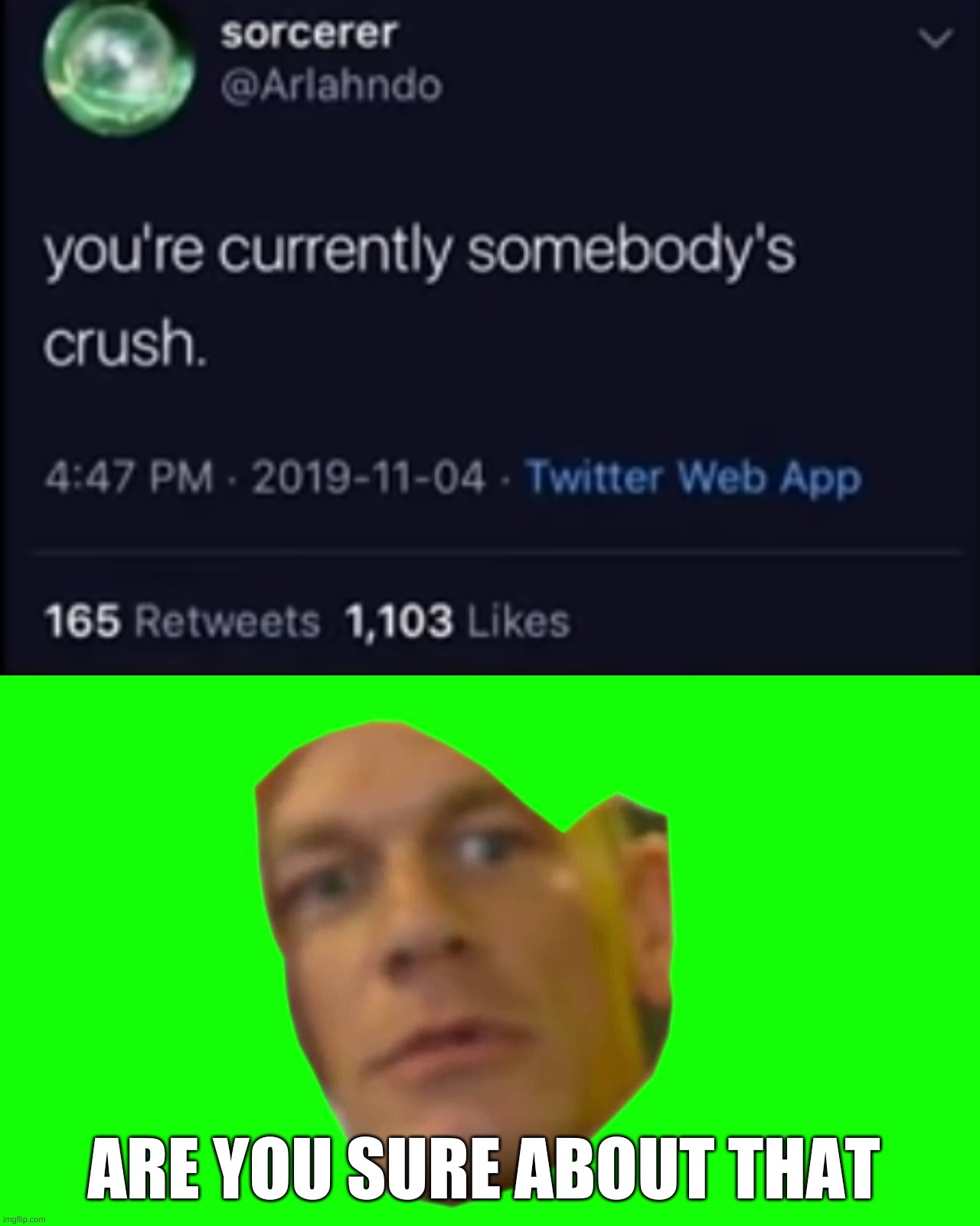 ARE YOU SURE ABOUT THAT | image tagged in are you sure about that cena | made w/ Imgflip meme maker