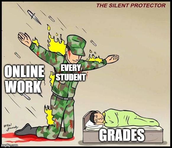 Defend | EVERY STUDENT; ONLINE WORK; GRADES | image tagged in the silent protector | made w/ Imgflip meme maker