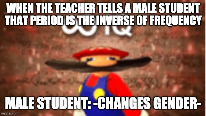 Infinite IQ | WHEN THE TEACHER TELLS A MALE STUDENT THAT PERIOD IS THE INVERSE OF FREQUENCY MALE STUDENT: -CHANGES GENDER- | image tagged in infinite iq | made w/ Imgflip meme maker