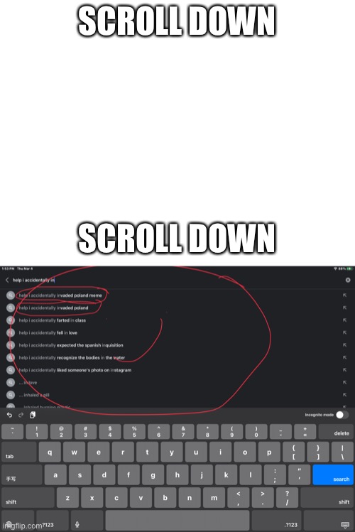 SCROOL DUWN | SCROLL DOWN; SCROLL DOWN | image tagged in blank white template | made w/ Imgflip meme maker