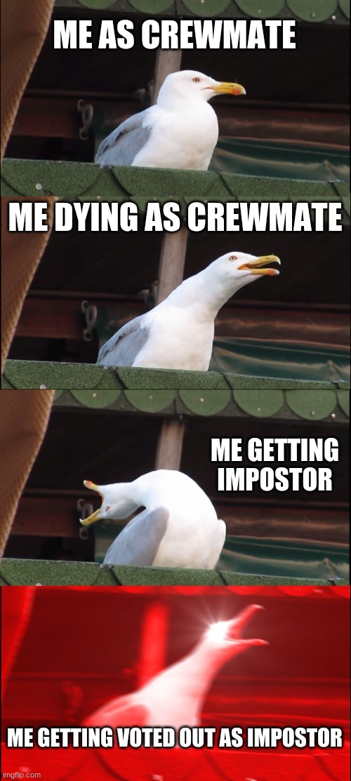 Oh so u don't like getting voted out as Impostor | ME AS CREWMATE; ME DYING AS CREWMATE; ME GETTING IMPOSTOR; ME GETTING VOTED OUT AS IMPOSTOR | image tagged in memes,inhaling seagull | made w/ Imgflip meme maker