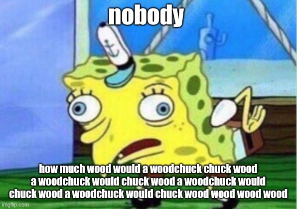 Mocking Spongebob Meme | nobody; how much wood would a woodchuck chuck wood a woodchuck would chuck wood a woodchuck would chuck wood a woodchuck would chuck wood wood wood wood | image tagged in memes,mocking spongebob | made w/ Imgflip meme maker