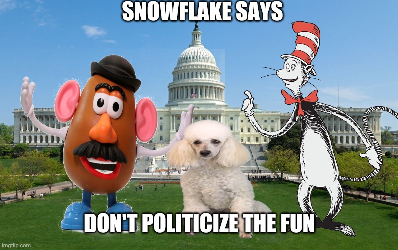 Snowflake Says... | SNOWFLAKE SAYS; DON'T POLITICIZE THE FUN | image tagged in snowflake,ted cruz,dr seuss,mr potato head,washington dc,funny | made w/ Imgflip meme maker