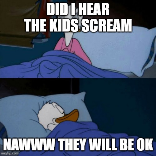 They'll Be ok. | DID I HEAR THE KIDS SCREAM; NAWWW THEY WILL BE OK | image tagged in donald duck bed | made w/ Imgflip meme maker
