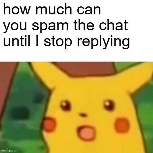 spam it hard cause I reply to EVERYTHING | how much can you spam the chat until I stop replying | image tagged in memes,surprised pikachu | made w/ Imgflip meme maker