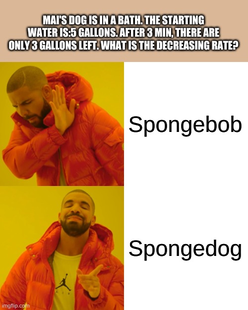 Drake Hotline Bling Meme | MAI'S DOG IS IN A BATH. THE STARTING WATER IS:5 GALLONS. AFTER 3 MIN, THERE ARE ONLY 3 GALLONS LEFT. WHAT IS THE DECREASING RATE? Spongebob; Spongedog | image tagged in memes,drake hotline bling | made w/ Imgflip meme maker