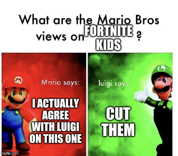 Mario Bros Views | FORTNITE KIDS; I ACTUALLY AGREE WITH LUIGI ON THIS ONE; CUT THEM | image tagged in mario bros views | made w/ Imgflip meme maker