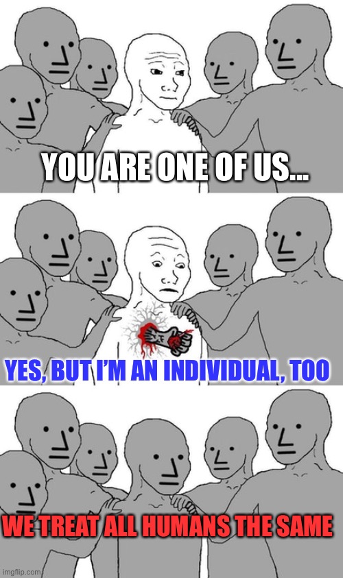 Humans | YOU ARE ONE OF US... YES, BUT I’M AN INDIVIDUAL, TOO; WE TREAT ALL HUMANS THE SAME | image tagged in npc wojak conversion | made w/ Imgflip meme maker