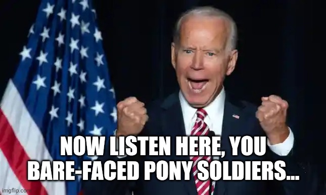 Cmon man | NOW LISTEN HERE, YOU
BARE-FACED PONY SOLDIERS... | image tagged in cmon man | made w/ Imgflip meme maker