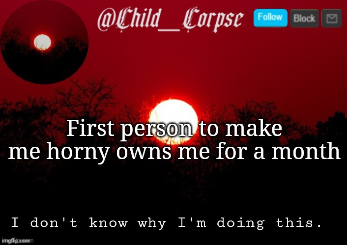 Child_Corpse announcement template | First person to make me horny owns me for a month; I don't know why I'm doing this. | image tagged in child_corpse announcement template | made w/ Imgflip meme maker