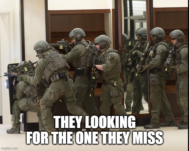 FBI SWAT | THEY LOOKING FOR THE ONE THEY MISS | image tagged in fbi swat | made w/ Imgflip meme maker