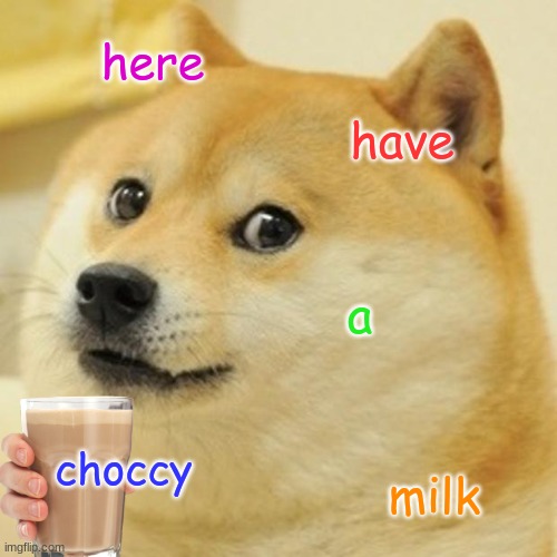 chocolate milk | here; have; a; choccy; milk | image tagged in memes,doge,choccy milk | made w/ Imgflip meme maker