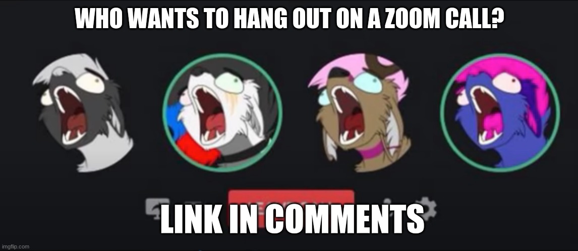 furry scream | WHO WANTS TO HANG OUT ON A ZOOM CALL? LINK IN COMMENTS | image tagged in furry scream | made w/ Imgflip meme maker