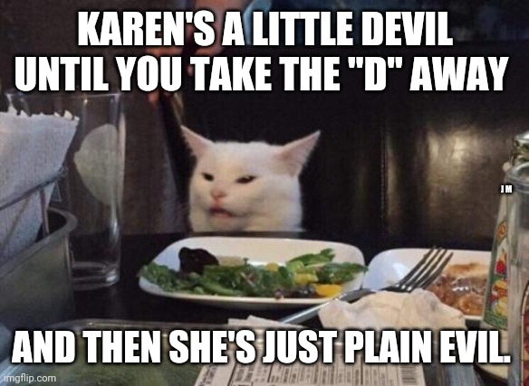 Salad cat | KAREN'S A LITTLE DEVIL UNTIL YOU TAKE THE "D" AWAY; J M; AND THEN SHE'S JUST PLAIN EVIL. | image tagged in salad cat | made w/ Imgflip meme maker