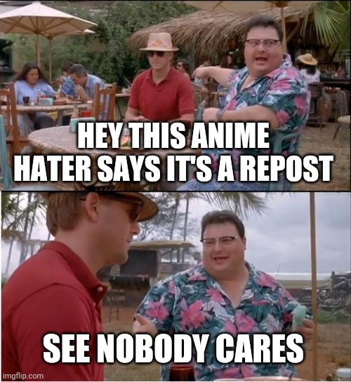 See Nobody Cares Meme | HEY THIS ANIME HATER SAYS IT'S A REPOST SEE NOBODY CARES | image tagged in memes,see nobody cares | made w/ Imgflip meme maker