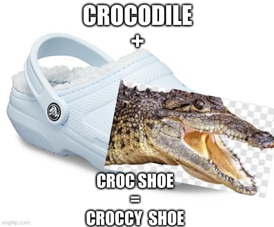 crocky the croc | CROCODILE
+; CROC SHOE
=
CROCCY  SHOE | image tagged in crocodile,lol,shoes,memes | made w/ Imgflip meme maker