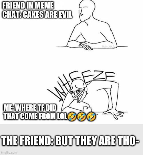 um ok lol | FRIEND IN MEME CHAT: CAKES ARE EVIL; ME: WHERE TF DID THAT COME FROM LOL🤣🤣🤣; THE FRIEND: BUT THEY ARE THO- | image tagged in wheeze | made w/ Imgflip meme maker