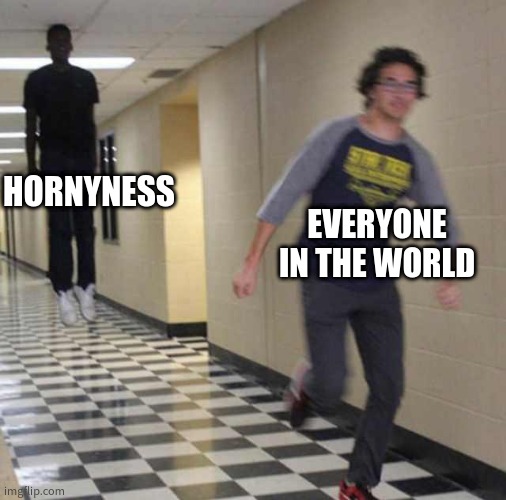 Watch Out Everyone | HORNYNESS; EVERYONE IN THE WORLD | image tagged in floating boy chasing running boy | made w/ Imgflip meme maker