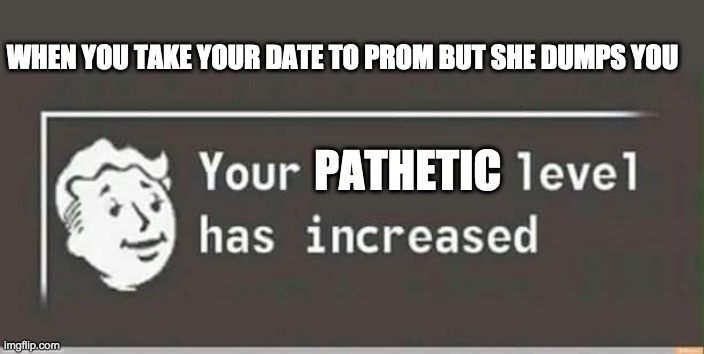 Your stupidness level has increased | WHEN YOU TAKE YOUR DATE TO PROM BUT SHE DUMPS YOU; PATHETIC | image tagged in your level has increased | made w/ Imgflip meme maker