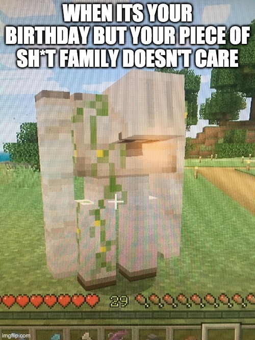 Piece of sh*t 100 | WHEN ITS YOUR BIRTHDAY BUT YOUR PIECE OF SH*T FAMILY DOESN'T CARE | image tagged in depressed iron golem | made w/ Imgflip meme maker