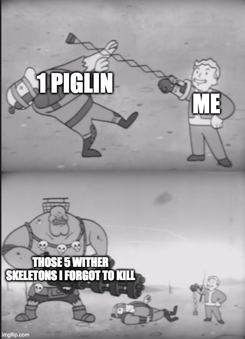 The Nether seems to be very annoying these days | 1 PIGLIN; ME; THOSE 5 WITHER SKELETONS I FORGOT TO KILL | image tagged in fallout power fist | made w/ Imgflip meme maker
