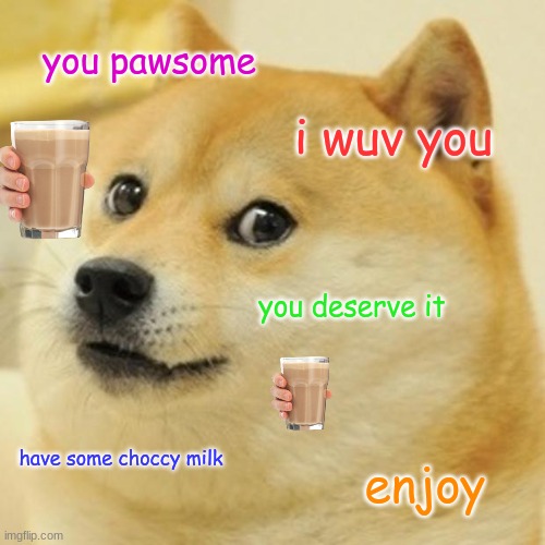 Doge Meme | you pawsome; i wuv you; you deserve it; have some choccy milk; enjoy | image tagged in memes,doge | made w/ Imgflip meme maker