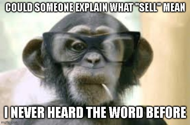 i love me bananers | COULD SOMEONE EXPLAIN WHAT "SELL" MEAN; I NEVER HEARD THE WORD BEFORE | image tagged in amc,gme,stonks,stocks,funny memes,space apes | made w/ Imgflip meme maker