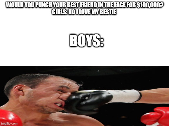WOULD YOU PUNCH YOUR BEST FRIEND IN THE FACE FOR $100,000?
GIRLS: NO I LOVE MY BESTIE; BOYS: | image tagged in blank,face punch | made w/ Imgflip meme maker