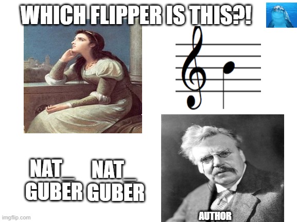 Picture puzzle #3501 | WHICH FLIPPER IS THIS?! NAT_ 
GUBER; NAT_ 
GUBER; AUTHOR | image tagged in blank white template,puzzle for the day | made w/ Imgflip meme maker