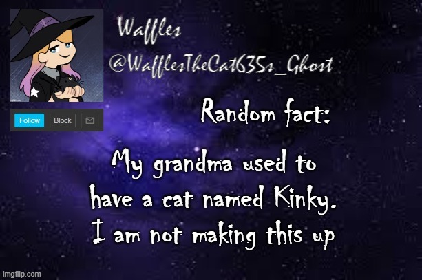 WafflesTheCat635 announcement template | Random fact:; My grandma used to have a cat named Kinky. I am not making this up | image tagged in wafflesthecat635 announcement template | made w/ Imgflip meme maker