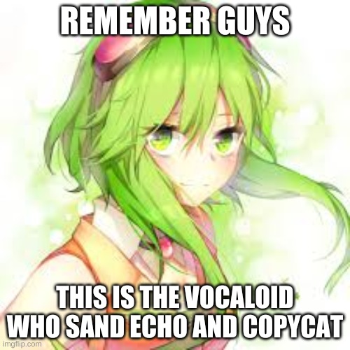 Gumi needs appreciation | REMEMBER GUYS; THIS IS THE VOCALOID WHO SAND ECHO AND COPYCAT | image tagged in vocaloid gumi | made w/ Imgflip meme maker